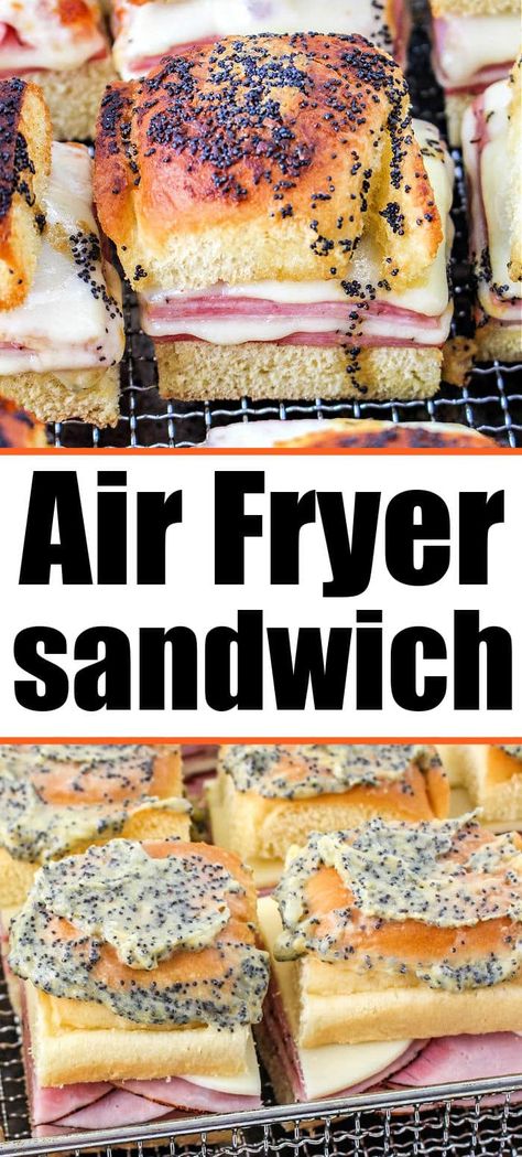 Air fryer sandwiches with ham or turkey turn out great. Toasted and warm with cheese on slider buns or sweet Hawaiian rolls, kids love them. Air Fryer Sandwiches, Turkey Cheese Sandwich, Sweet Hawaiian Rolls, Ham Sliders, Grilled Ham And Cheese, Slider Sandwiches, Air Fryer Cooking Times, Leftover Ham Recipes, Grilled Ham