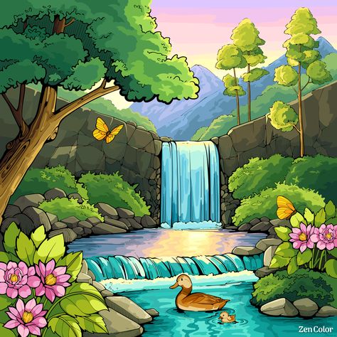 Beautiful Scenery Painting Easy, Beautiful Scenery Drawings Easy, Nature Landscape Drawing Easy, Scenery Painting Easy, Drawing Art Lessons, Easy Nature Drawings, Beautiful Scenery Drawing, Waterfall Drawing, Landscape Drawing Easy