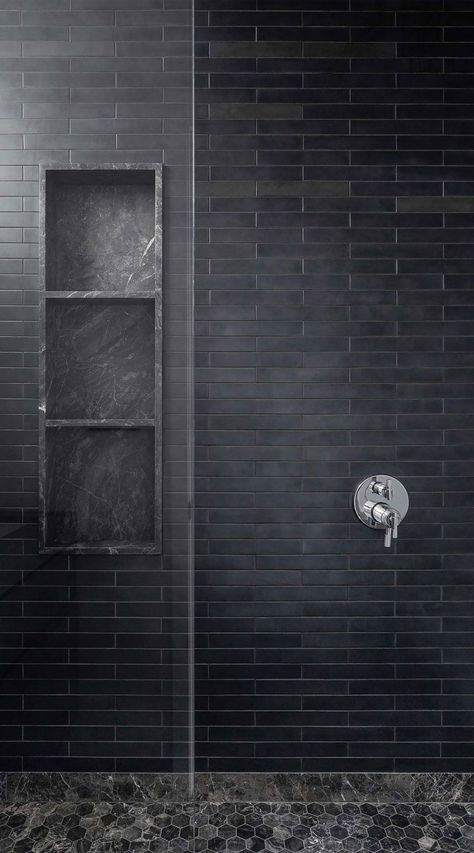 Matte Black Master Bath, Black Bathroom Tile Shower Wall, Black Matte Bathroom Tile, Matte Black Subway Tile Bathroom, Black Master Shower Tile, Dark Tile Master Shower Ideas, All Black Shower Tile, Basalt Tile Bathroom, Masculine Master Bathrooms