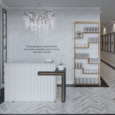 Spa Entrance Ideas, Black And White Aesthetic Clinic, Black Gold Shop Interior Design, Black White Gold Store Interior, White And Gold Store Interior, Spa Entrance, Beauty Salon Black And White, Beauty Salon Decor Luxury, Dental Clinic Interior Black And White