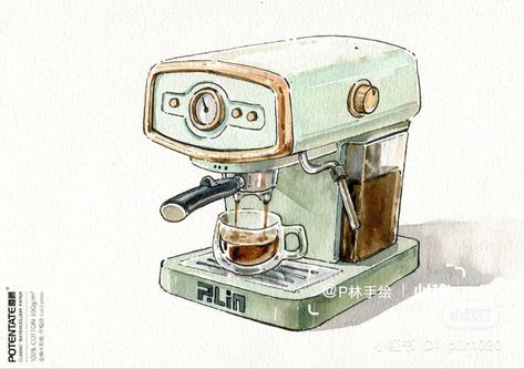 Coffee Machine Illustration, Coffee Art Painting, Teal Art, Coffee Drawing, Everyday Art, Comic Drawing, Magical Art, Watercolor Art Lessons, Cool Landscapes