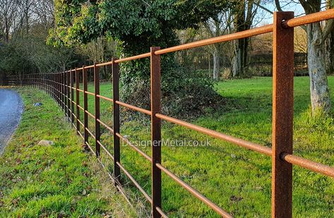 Estate fencing with rust finish. Estate Fencing, Tree Guards, Industrial Garden, Old Fences, Fence Paint, Fence Landscaping, Uk Images, Garden Fencing, Patio Area