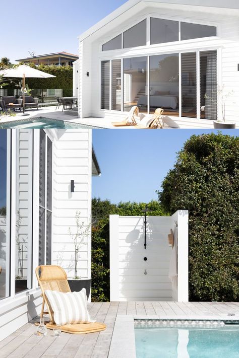 The Whitehouse On Top, a renovated coastal home on the Sunshine Coast, offers a perfect blend of beach cottage and modern barn styles for photoshoots. Featuring a linear board white exterior, north-facing deck with white outdoor shutters, outdoor BBQ kitchen, and a pool space with a white linear board fence and greyed accoya decking. The interior includes a north-facing master retreat with high VJ ceilings, brush box timber floors, and a classic white kitchen with a large stone island bench. Coastal Cottage Exterior, Pool Area Landscaping, Coastal Backyard, Bahamas House, Coastal Cottage Style, Home Photoshoot, Outdoor Pool Area, Outdoor Bbq Kitchen, Pool Landscape Design