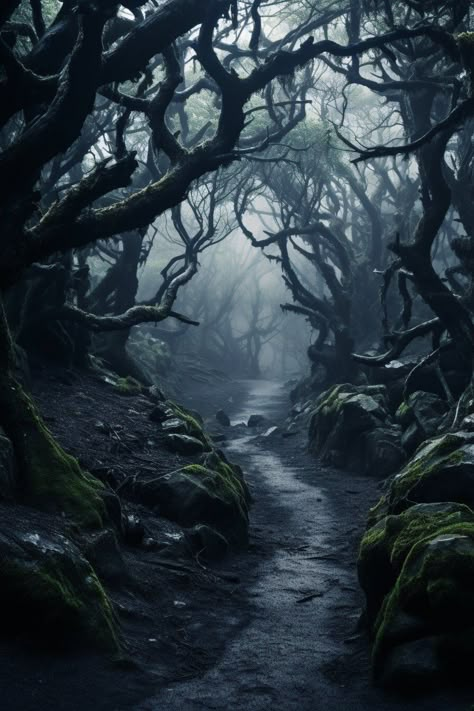 Spooky Environment Concept Art, Creepy Settings, Haunted Forest Aesthetic, Necromancy Aesthetic, Dark Pine Forest, Enchanted Forest Aesthetic, Scary Trees, Abandoned Forest, Evil Forest