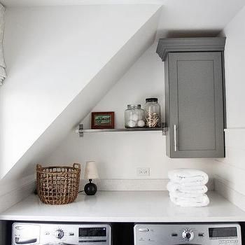 green Slanted Roof, Laundry Nook, Laundry Room Storage Shelves, Attic Renovation Ideas, Room Storage Diy, Slanted Ceiling, Attic Bathroom, Laundry Room Remodel, Laundry Closet