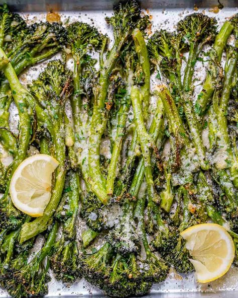 roasted broccolini on a pan Oven Roasted Brocollini, Parmesan Broccolini Recipe, Baked Broccolini Oven, Keto Broccolini Recipes, Roasted Baby Broccoli, Broccolini Recipes Roasted, Brocolini Recipes Roasted, Oven Roasted Broccolini Recipe, Brocollini Recipes Roasted