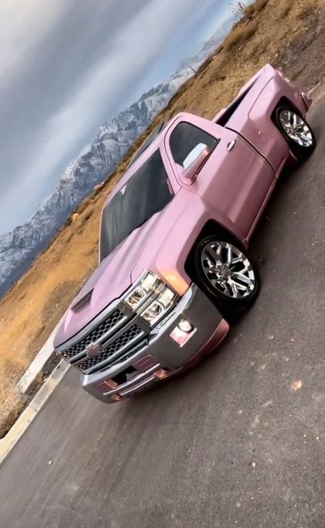 Pink Lifted Chevy Trucks, Pink Chevy Silverado, Pink Truck Chevy, White And Pink Truck, Low Riders Trucks, Pink Gmc Truck, Pink And Black Truck, Pink Pickup Truck, Cute Trucks