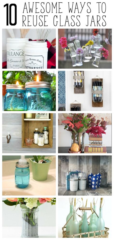 These DIY projects are brilliant AND they allow you to reuse old glass jars or mason jars. Repurposed Glass Jars, Upcycle Glass Jars, Upcycle Jars, Glass Jars Diy, Reuse Jars, Old Jars, Recycle Projects, Bottle Decorations, Crafts With Glass Jars