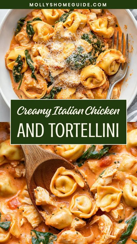 Indulge in the delicious flavors of Italian cuisine with this flavorful Italian chicken and tortellini dish. Packed with savory seasonings, tender chicken, and cheesy tortellini, this recipe is sure to wow your taste buds. Perfect for a cozy dinner at home or to impress guests at a dinner party. The combination of succulent chicken and hearty tortellini creates a satisfying meal that will leave you wanting more. Chicken Soup Recipes Tortellini, Instant Pot Chicken And Tortellini, Easy Italian Meals For Dinner, Turkey Tortellini Recipes, Chicken Filled Tortellini Recipes, Shredded Chicken And Tortellini, Chicken Tortellini Pasta Recipes, Chicken Tortellini Bake Casseroles, Cheese Tortellini With Chicken