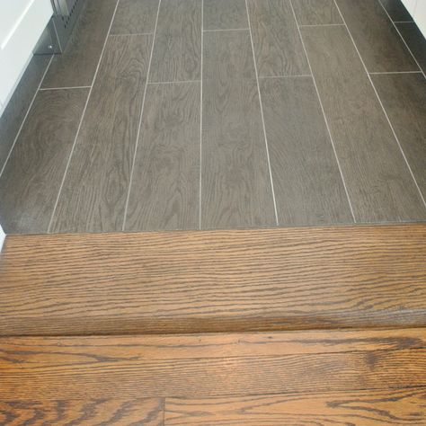 Wood Tile Transition To Tile, Transition From Wood To Tile Floor, Tile And Hardwood Transition, Wood To Tile Transition Kitchen, Tile And Wood Floor Transition, Wood And Tile Flooring Combination, Floor Transition Ideas Uneven, Wood And Tile Floor, Tile To Wood Floor Transition