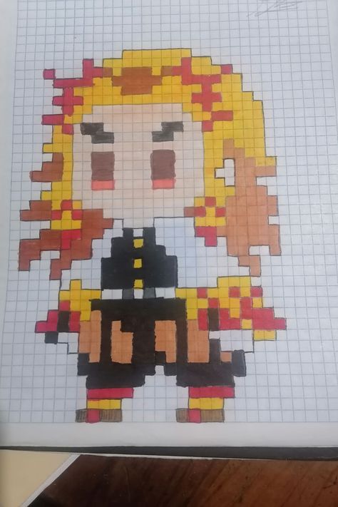 Rengoku Pixel Art Grid, Rengoku Perler Beads, Demon Slayer Pixel Art, Graph Paper Drawings, Easy Pixel Art, Pixel Drawing, Pixel Art Grid, Anime Pixel Art, Pixel Art Pattern