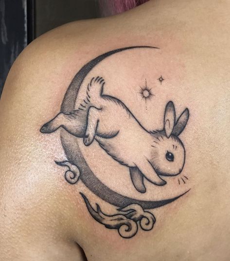 Bunny On The Moon Tattoo, The Moon Tattoo, Animal Tattoos For Women, Texas Tattoos, Bunny Tattoos, Rabbit Tattoos, Nature Tattoos, Animal Tattoos, Moon Tattoo