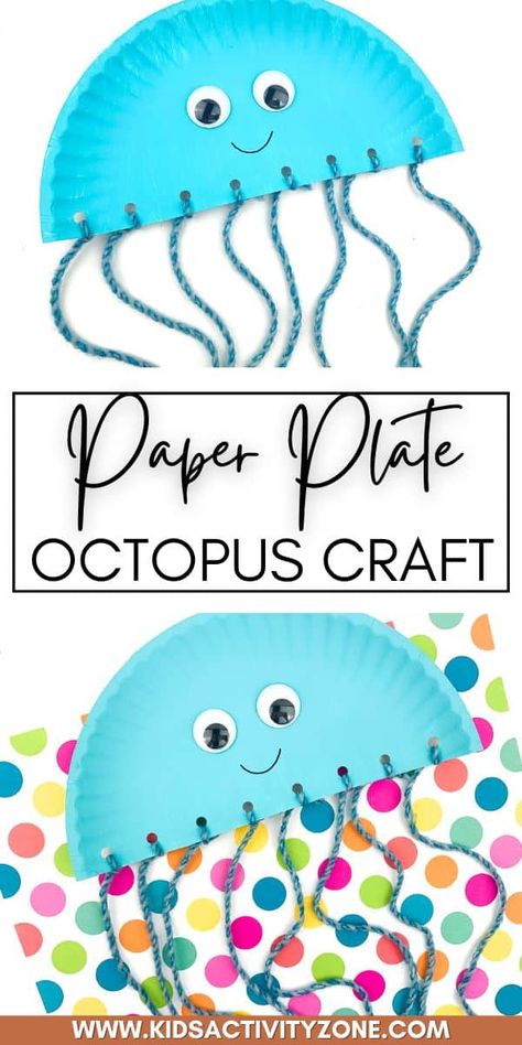 Create and adorable Paper Plate Octopus craft with minimal supplies and time! All you need to make this easy Octopus is a paper plate, paint, yarn and googly eyes. This is the perfect easy animal craft for preschoolers and kindergarteners. Octopus Toddler Craft, Octopus Art And Craft, Octopus Activities For Preschool, Blue Crafts For Toddlers, Octopus Craft Preschool, Blue Day Crafts Preschool, Paper Plate Octopus, Scatter Sunshine, Octopus Craft