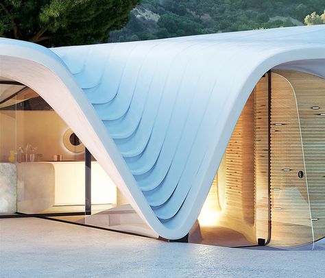 david tajchman tops organic 'cosmos' residence in greece with fluid overhanging roof Interesting Roof Design Architecture, Fluid Architecture Model, Organic Roof Architecture, Curved Roof Architecture, Organic Facade, Overhanging Roof, Terrace Building, Peloponnese Greece, Curved Roof