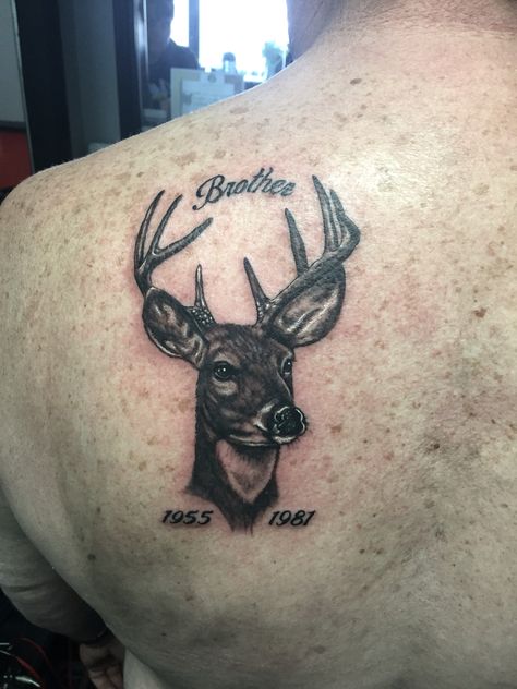 Deer head memorial tattoo. By John McKee at Twisted Image Tattoo Deer Face Tattoo, Deer Memorial Tattoo, Deer Antler Tattoo, Deer Hunting Tattoos, Buck Tattoo, Fawn Tattoo, Deer Tattoos, Tattoo Deer, Grandpa Tattoo