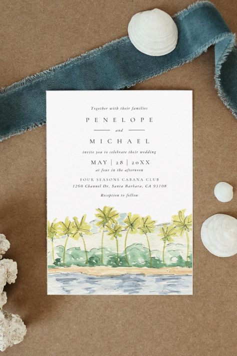 Beach Palm Trees Tropical Watercolor Wedding Invitation Tropical Bridal Shower Invitations, Watercolor Bridal Shower Invitations, Modern Bridal Shower Invitations, Beach Palm Trees, Wedding Announcement Cards, Beach Bridal Showers, Watercolor Wedding Invitation, Tropical Watercolor, Tropical Bridal Showers