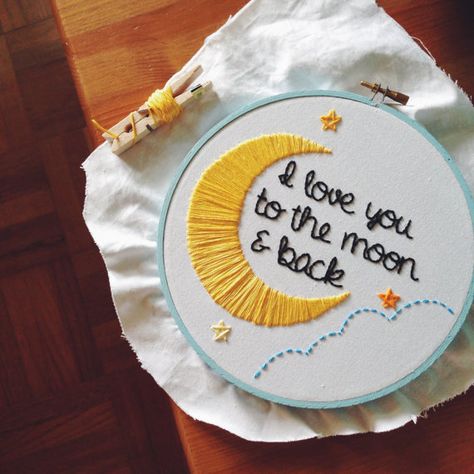 Handmade Embroidery Hoop I Love You To The Moon & by ohhappythread Broderie Anglaise Fabric, Embroidery Stitches Flowers, Embroidery Hoop Art Diy, Hand Embroidery Patterns Free, Back Embroidery, Embroidery Stitches Tutorial, Learn Embroidery, Pola Sulam, Needlework Embroidery