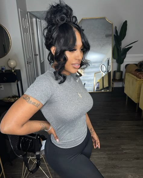 Updo Style With Bangs, Elegant Bob Hairstyles For Black Women, Messy Bun With Weave Black Women, Black Ponytail Hairstyles With Weave, Pin Up Curls For Black Women, Up Do Frontal Hairstyles, Up Do Hairstyles For Black Women, Messy Updo Black Women, Pin Curl Bun