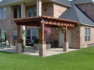 Pergola with brick base columns in Katy Grand Lakes | by TexasCustomPatios House Exterior Concrete, Backyard Cooking Area, Small Pergola, Cheap Pergola, Porch Columns, Pergola Lighting, Pergola Attached To House, Metal Pergola, Pergola Garden