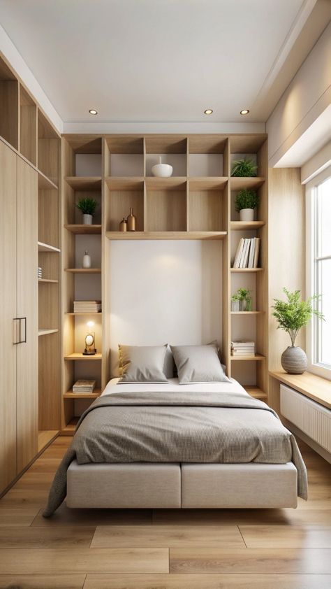 Around Bed Shelving, Tiny Bedroom Wardrobe, Mini Closet Room, Minimalist Bedroom With Storage, Shelving Ideas For Small Bedrooms, Wardrobe Bookshelf Ideas, Small Bedroom With Wardrobe Ideas, Minimalist Bedroom Small Storage Ideas, Bookcase Around Bed