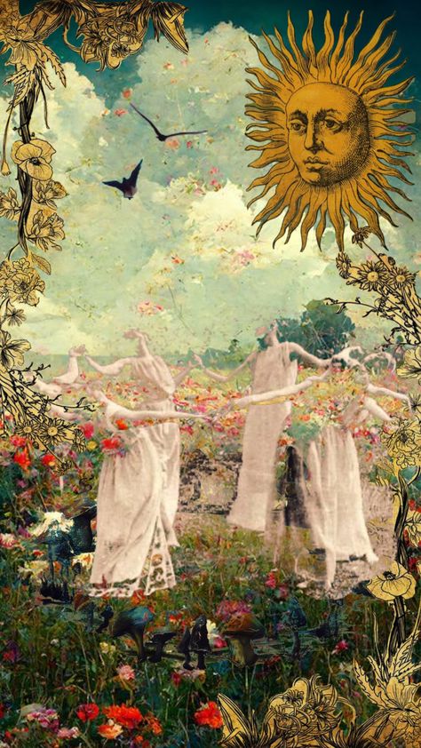 #art #vintage #collage #summer #witch #witchy #supernatural #collageart #nature Vintage Witchy Wallpaper, Eclectic Witch Aesthetic Wallpaper, Ethereal Witch Aesthetic, Summer Witch Wallpaper, Witchy Art Wallpaper, Witch Summer Aesthetic, Witchy Spring Aesthetic, Vintage Celestial Art Wallpaper, Witchy Collage Wallpaper