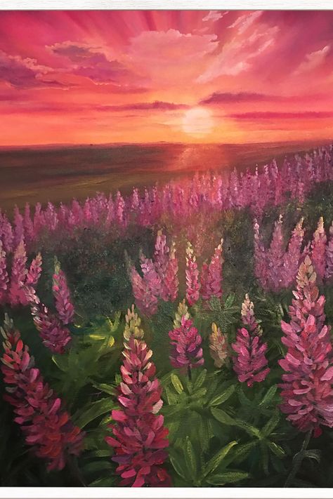 Lupine Flowers Acrylic Painting, Landscape Ideas To Paint, Beautiful View Painting, Landscape With Flowers Drawing, Lupine Painting Acrylic, How To Paint Lupine Flowers Acrylic, Pretty Nature Paintings, Lupin Painting Acrylic, Floral Landscape Painting Acrylic