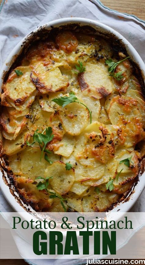 Potato & Spinach Gratin Spinach Potato Side Dish, Spinach And Gruyere Potato Casserole, Spinach Baked Potato, Potatoes Spinach Recipes, Spinach Potatoes Recipes, Potato And Spinach Casserole, Creamed Spinach And Potato Casserole, Spinach Food Recipes, Spinach And Fontina Casserole Lidia