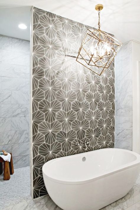 Shower Feature Wall Tile, Shower Feature Wall, Starburst Tile, Tile Layout Patterns, Spa Inspired Bathroom, Bath Tile, Cement Tile Shop, Shower Style, Starburst Pattern