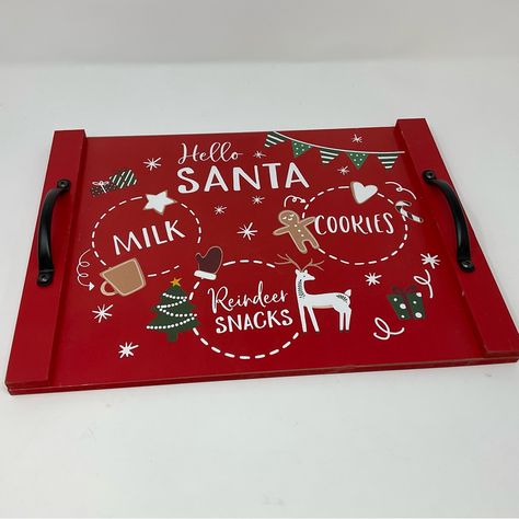 No Tag But The Tray Is New And Never Used. 15" Wide / 11" Tall Add Some Festive Charm To Your Home This Holiday Season With The Christmas Red Tray Hello Santa With Milk, Cookies & Reindeer Snacks Designs. This Rectangular Tray Is The Perfect Medium Size, Measuring 15 Inches In Length, 11 Inches In Width, And 2.25 Inches In Height. It's Made Of Sturdy Pressed Board And Wood Materials And Is Painted With A Cute And Solid Decorative Finish. The Tray Features A Charming Design Of Santa, Milk, Cookie Santa Serving Tray, Milk And Cookie Tray For Santa, Santa Cookie Board, Santa Tray Wood, Cookie Tray For Santa, Cookies For Santa Tray, Den Playroom, Santa Cookie Tray, Reindeer Snacks