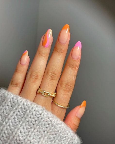 Almond Nails Orange And Pink, French Nails With Swirls, Pink And Orange French Nails, Orange Spring Nails, Pink And Orange Nail Designs, Orange French Nails, Nails With Swirls, Pink And Orange Nail, Sorbet Nails