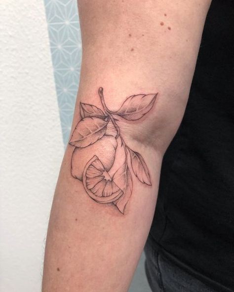 Italy Tattoo Ideas Italian Design, Lemon Tree Branch Tattoo, Limoncello Tattoo, Lemon Flower Tattoo, Lemon Stamp Tattoo, Lemon Wedge Tattoo, Lemon Branch Tattoo, Italian Tattoos For Women, Mango Tattoo