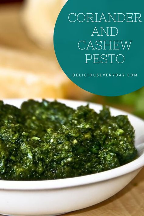 Cashew and Coriander Pesto in a white bowl Coriander Pesto, Pine Nut Pesto, Coriander Recipes, Cashew Pesto, Carrot And Coriander Soup, Coriander Soup, Roast Vegetables, Cilantro Pesto, Pine Nut