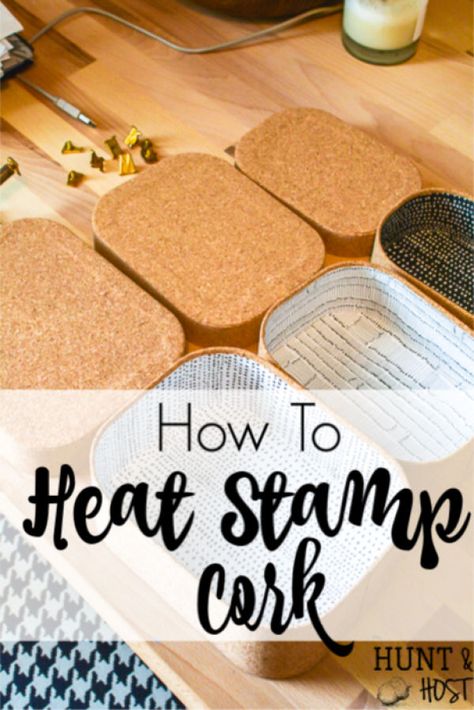 How to heat stamp cork. This easy and fun personalization tool will change your craft tool stash for sure! Cork is a versatile medium to make the cutest home decor and gift ideas. The possibilities are endless with a heat tool and hot stamp letters like this. Step by step instructions for you here! #heattool #hotstamp #corkproject #corkcraftidea #personlizedgiftideas #corkstamp #crafttool Adhesive Cork Sheets Ideas, Cork Trivet Ideas, Cork Sheet Crafts, Cork Board Crafts, Painting Cork, Cork Roll, Cork Box, Rustic Boutique, Paint Cork