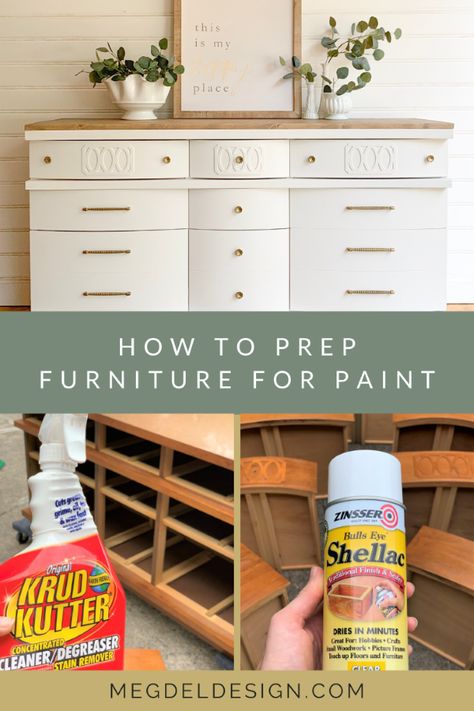 Are you a furniture refinisher? Or maybe you are wondering how to paint furniture for your own home! Before you paint furniture, prepping your piece is super important for a long-lasting finish. Learn how to prepare your furniture for chalk paint, milk paint, and more using this easy how-to guide! It teaches you how to clean, prep sand your piece, and more! The better you prep, the better your painted finish will be - promise! #megdeldesign #furnitureprep #paintedfurniture #furniturerefinishing Light Painted Furniture, Cleaning Wood Furniture, Repair Furniture, Dining Table Makeover, Painted Bedroom Furniture, Painting Wood Furniture, Chest Furniture, Furniture Painting Techniques, Furniture Rehab