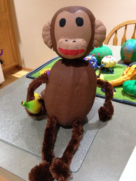 Monkey Painted Pumpkin Monkey Pumpkin Decorating, Monkey Pumpkin, Book Character Pumpkins, Decorated Pumpkin, Story Book Pumpkin, Creative Pumpkin Decorating, Character Pumpkins, Pumpkin Designs, Halloween Pumpkin Designs