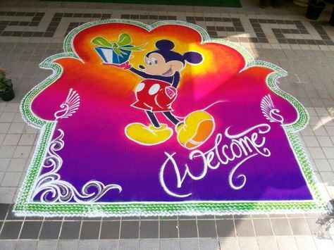 Cartoon Rangoli For New Year, New Year Rangoli Design Cartoon, Mickey Mouse Rangoli, Bhaidooj Rangoli, Kids Rangoli, Cartoons Rangoli Design, Cartoons Rangoli, Kalash Decoration, Dove Drawing