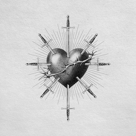 #tattoo #tattoos #inked #tattooart #tattooed #tattooideas #tattoodesign #tattooinspiration #tattoosleeve #tattooflash #inkedgirls #tattooedwomen  #InkLaughs  #TattooFails Three Swords Heart Tattoo, Sacred Heart Sketch, Heart With Swords Tattoo, Sacred Heart Illustration, Sacred Heart Tattoo Design, Catholic Tattoos, Sacred Tattoo, Sacred Heart Art, Sacred Heart Tattoos