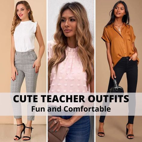 Here are cute teacher outfits that stands out, make you look confident, young teacher outfits that are appropriate for any teaching grade level Boujee Teacher Outfits, What Id Wear As A Teacher, Red Teacher Outfit, First Grade Teacher Outfits, Work Outfits Women Teacher, Casual Tops For Teaching, Back To School, Young Teacher Outfits High School, Teacher Picture Day Outfit, Elemtary Teacher Outfits