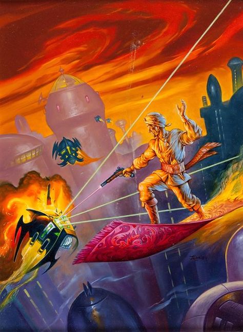 Jeff Easley  The rug the rug the rug its on fire....he dont need no water Let the... September 25 2018 at 03:41PM #raypunk Jeff Easley, Vintage Space Poster, Magic Carpet Ride, Space Fantasy, Sci Fi Horror, Fantasy Comics, Pulp Art, Science Fiction Art, Magic Carpet