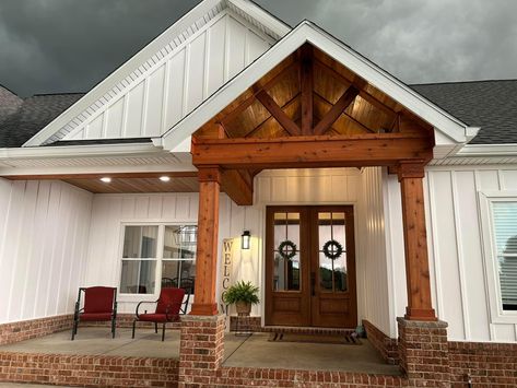 Small Gable Roof Porch Front Entry, Reverse Gable Front Porch, Double Gable Front House, Front Porch Roof Ideas, Gable Front Porch, Gables On House Exterior, Front Of House Makeover, Gable Porch, Porch Gable