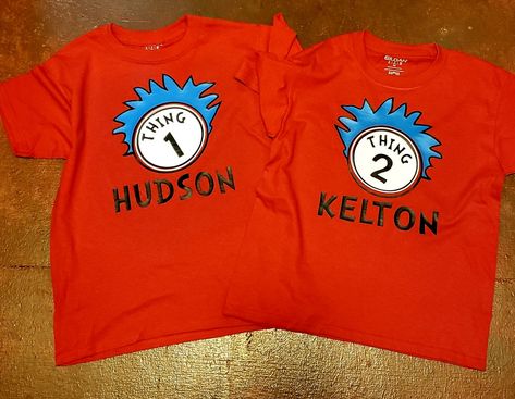 Dr. Seuss Thing 1 and Thing 2 Shirts for Twin Day at School Heat Transfer Vinyl cut with Cricut Twin Shirt Ideas For School, Twin Day At School, Thing 1 Shirt, Cute Best Friend Gifts, Thing One Thing Two, Thing 1 And Thing 2, Twin Day, Cruise 2023, Twin Shirts