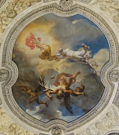 The Sun, or the Fall of Icarus by Merry-Joesph Blondel was painted in 1819 and is located in the Musée du Louvre in Paris. This painting shows Icarus falling from the heavens as his father flies away. Also Apollo is riding his sun chariot across the sky above Icarus. This painting is cool because it brings other characters from the Metamorphoses into the painting. The Fall Of Icarus, Daedalus And Icarus, Neoclassical Painting, Styl Grunge, Icarus Fell, The Fallen Angel, Ceiling Murals, Rennaissance Art, Art Appliqué