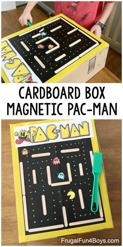 Cardboard Box Magnetic Pac-Man Game - Fun craft for kids! Use a magnet wand to make the game pieces move. Arcade Games Diy, Pacman Game, Video Game Crafts, Magnetic Games, Diy Kids Games, Cardboard Box Crafts, Magnet Crafts, Man Games, Diy For Men