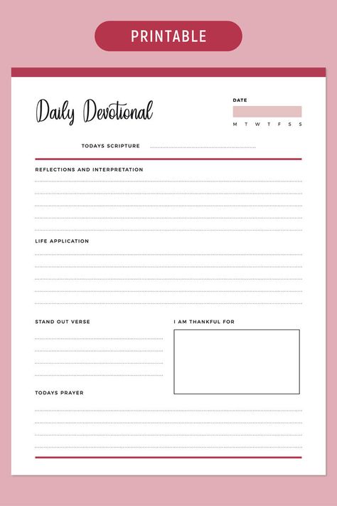 An image of a devotional journal printable with sections for scripture, reflection, and daily gratitude. Devotion Journal, Bible Study Template, Scripture For Today, Daily Devotion, Devotional Journal, Bible Ideas, Study Bible, Prayer For Today, Reading Log