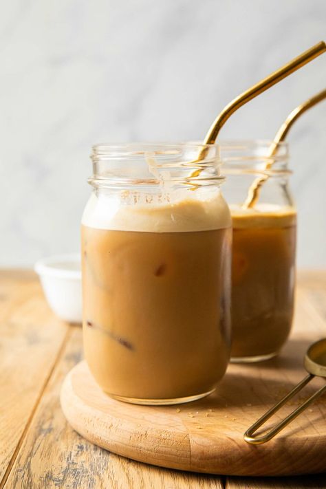 Iced High Protein Coffee (Easy Recipe!) - Jar Of Lemons Oat Milk Shaken Espresso, Double Chocolate Zucchini Muffins, Brown Sugar Simple Syrup, Shaken Espresso, Iced Lattes, Oat Milk Recipe, Dairy Free Recipes Dessert, Make Brown Sugar, Espresso Recipes