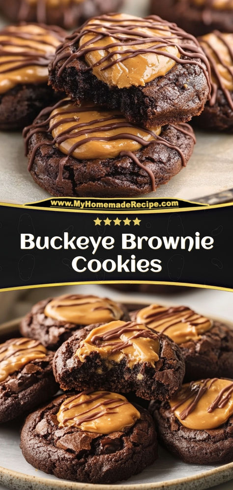 These Buckeye Brownie Cookies are rich, chocolatey, and topped with a creamy peanut butter layer. Perfect for chocolate and peanut butter lovers!  Ingredients:  1 box brownie mix 1 cup peanut butter 1 cup powdered sugar 1 cup chocolate chips, melted Enjoy these Buckeye Brownie Cookies for a sweet, indulgent treat. Perfect for holiday baking or chocolate cravings Buckeyes Brownie Cookies, Brownie Cookies With Peanut Butter, Buckeye Brownie Cookies Recipe, Brownie Mix With Peanut Butter, Cookie Dough And Brownie Recipes, Chocolate Reeses Cookies, Brownies Cookies Packaging, Ghiradelli Brownie Mix Cookie Recipes, Reese Brownies Recipe Peanut Butter Cups