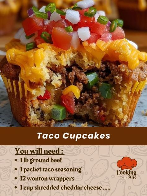 Cooking Also - Taco Cupcakes

Ingredients:

1 lb ground... Taco Cupcakes With Cornbread, Taco Cupcakes, With Cornbread, Wonton Wrappers, Favorite Pie, Mexican Recipes, Taco Seasoning, Diced Tomato, Mexican Food