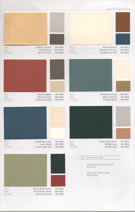 Interior Color Combos - Sherwin-Williams Arts and Crafts Historic Colors Craftsman Interior Paint Colors, Craftsman Paint Colors, Historic Paint Colours, Craftsman Colors, Exterior Color Combinations, Dunia Disney, Paint House, Historic Colours, Color Combinations Paint