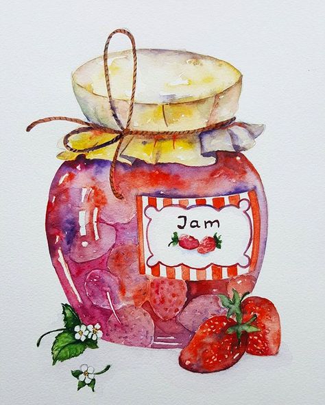 #watercolorpainting #watercolorart #watercolor #watercolour #watercolors #watercolourlover #painting #watercolourpic #still_life #stilllife #foodpics #foodporn #foodie #jam Jam Jar Drawing, Jar Drawing, Jar Watercolor, Sleeping Drawing, Watercolor Food, Jam Jar, Food Drawing, Strawberry Jam, Skin Art