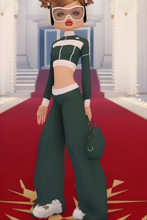 Fashion illustration of a stylish person wearing green pants, a matching crop top, and large white glasses, standing on a red carpet. Dress To Impress Roblox Game Retro Style, Dress To Impress Roblox Game Spring, Dress To Impress Outfits Roblox Game Fall Autumn, Dress To Impress Roblox Coquette, Dress To Impress Combos Roblox Game, Dress To Impress Hacks Roblox Game, Retro Style Dress To Impress Roblox Game, Dress To Impress Roblox Game Themes, Dress To Impress Theme Fitness